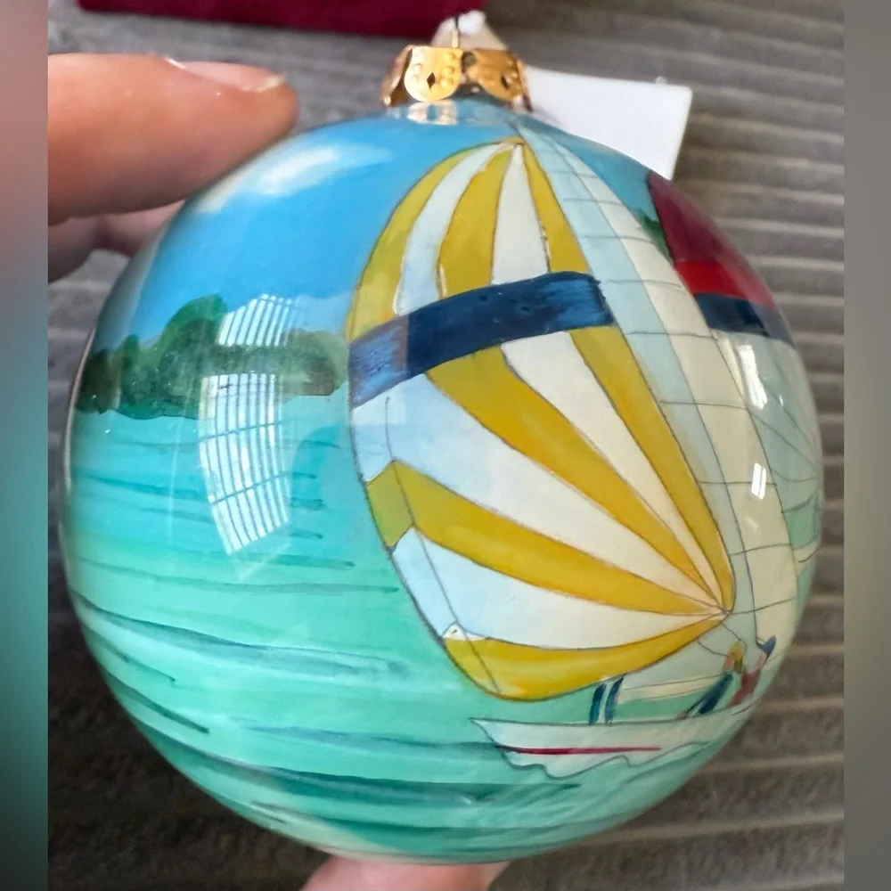 VTG Nautical Sailing Holiday Ornament with Gift Box Signed Inside Art Boat